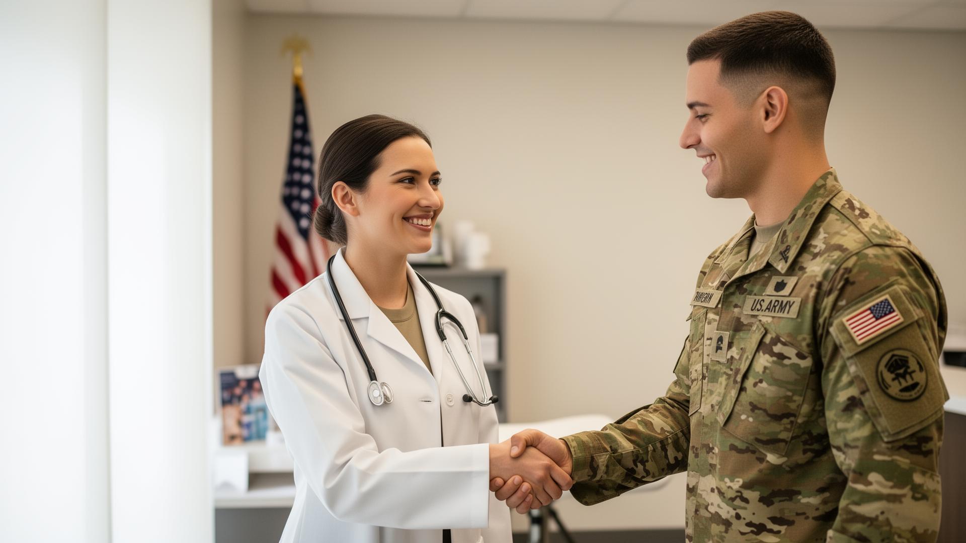 Military medical professional examining a service member